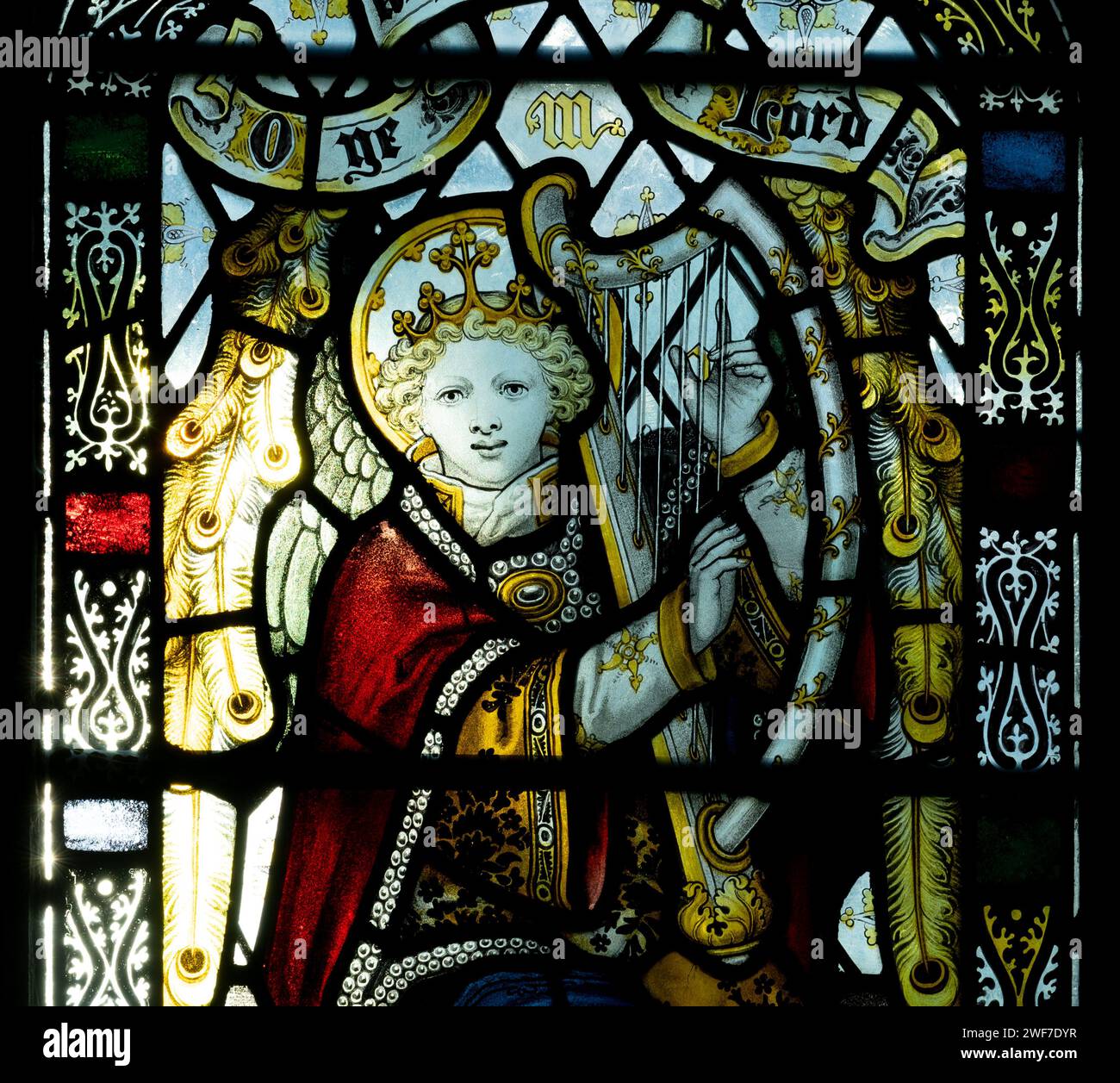 Angel musician stained glass, St. Mary`s Church, Barby